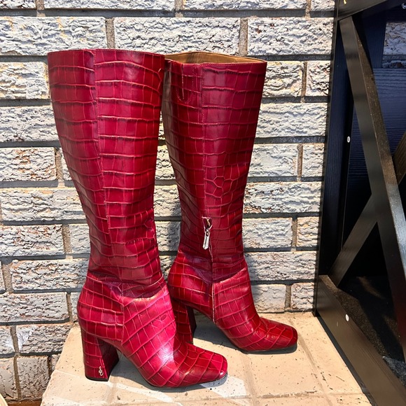Sam Edelman Shoes - Sam Edelman Women Red Croc Embossed Knee High Block Heel Square Toe Boots Size 7